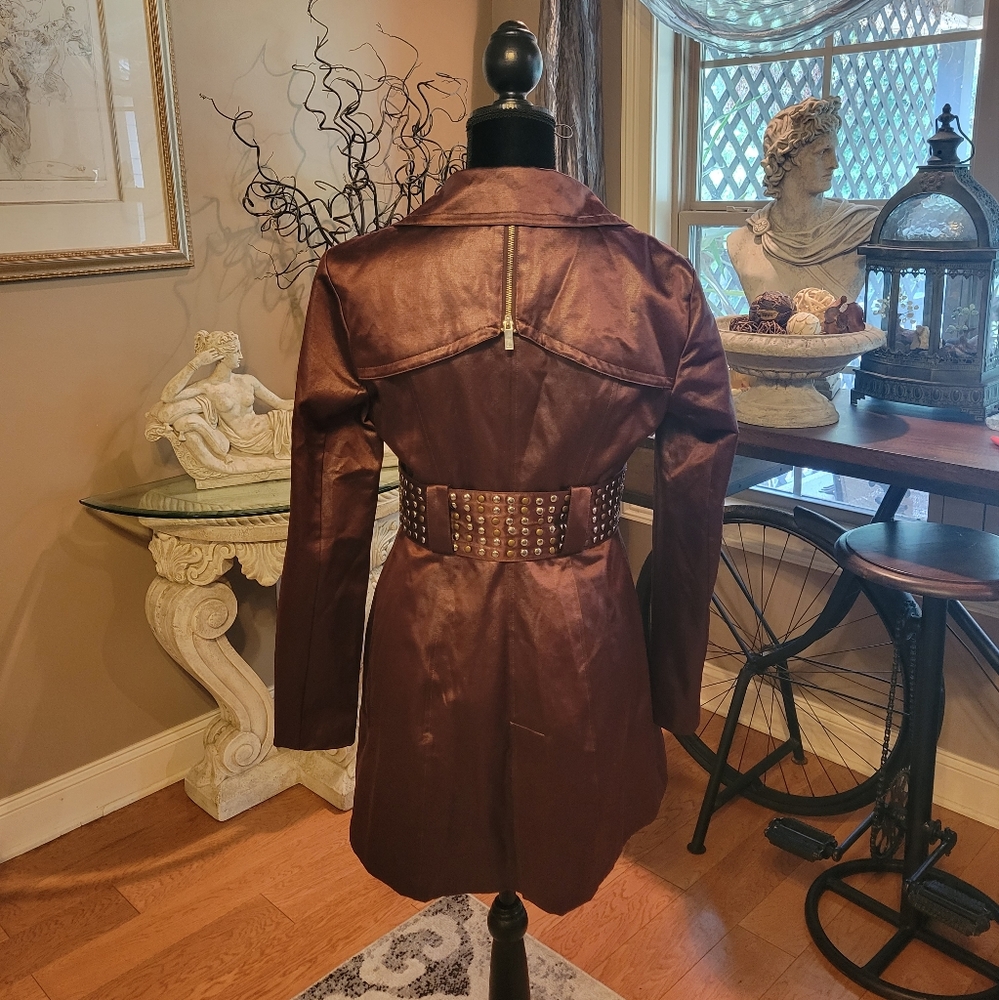 Bebe Studded Trench Coat in Burgundy. Satin Touch Fabric. Fully Lined. Size M.